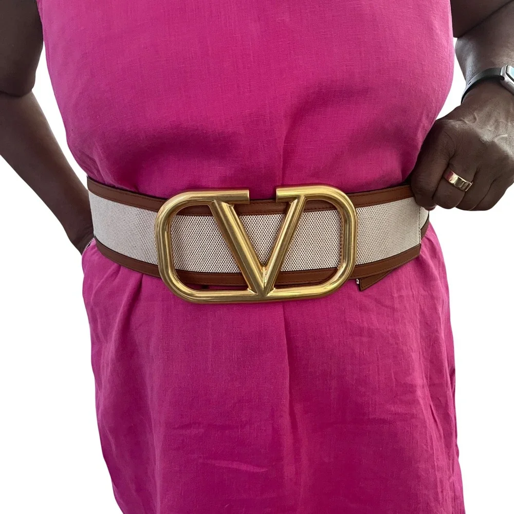 Valentino Garavani VLogo Signature Wide Canvas Leather Belt Gold Buckle Beige
